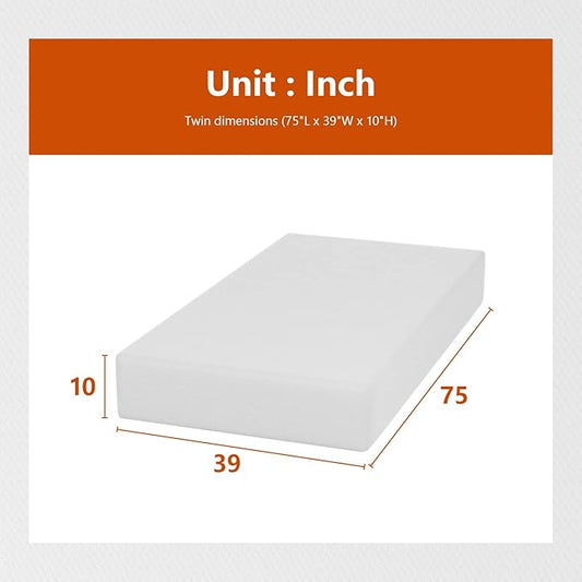 PayLessHere 10 Inch Twin Mattress Base Foam Mattress CertiPUR-US Certified,Removable Soft Cover,Twin mattresses for Bed Frame, Bunk Bed, Trundle, Daybed,White,Fiberglass Free
