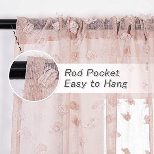 MYSKY HOME Pink Sheer Short Curtains with Pom Pom for Small Windows Dusty Rose Bedroom Nursery Kids Girls Room Curtains Cafe Kitchen Light Filtering Boho Drapes, Rod Pocket,38 x 45 Inches, 2 Panels