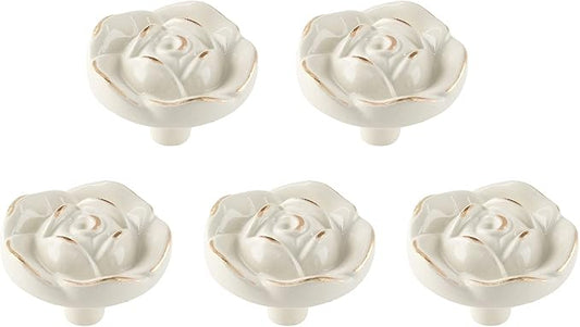 Uenhoy 5 Pcs Rose Drawer Knobs Vintage Dresser Knobs Antique Rose Flower Cabinet Knobs for Dresser Vanity Nightstand Closet with Screws (Ivory White with Golden Edge)
