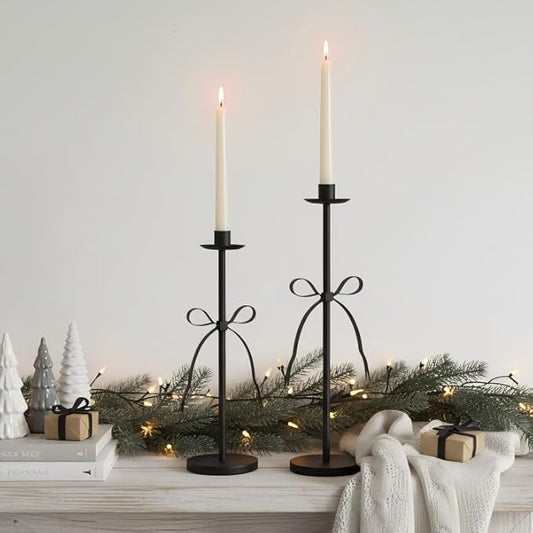 Black Taper Candle Holder Set of 2-Metal Bow Candle Sticks Holder Decor,Modern Tall Candle Holder,Decorative Candlesticks for Fireplace, Wedding, Holiday & Christmas