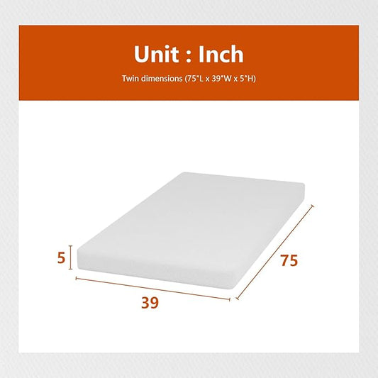 PayLessHere 5 Inch Gel Memory Foam Mattress Medium Firm Mattresses CertiPUR-US Certified Bed-in-a-Box Pressure Relieving Twin Size,Fiberglass Free,White