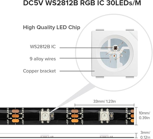 SEZO WS2812B LED Strip Light 16.4FT 30Pixel/M 150LEDs DC5V Individual Addressable LED Strip SMD5050 RGB Dream Color Programmable LED Light Strip Flexible IP65 Waterproof Black PCB