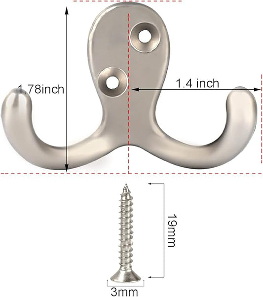 IBosins 16 Pack Heavy Duty Double Prong Coat Hooks Wall Mounted with 32 Screws Retro Double Hooks Utility Hooks for Coat, Scarf, Bag, Towel, Key, Cap, Cup, Hat(Silvery)