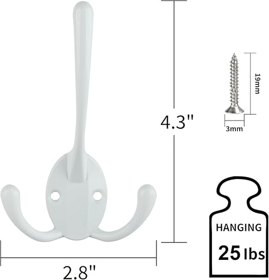 IBosins 6 Pack Big Heavy Duty Three Prongs Coat Hooks Wall Mounted with 12 Screws Retro Double Utility Rustic Hooks for Thick Coat, Big Heavy Bags (White)