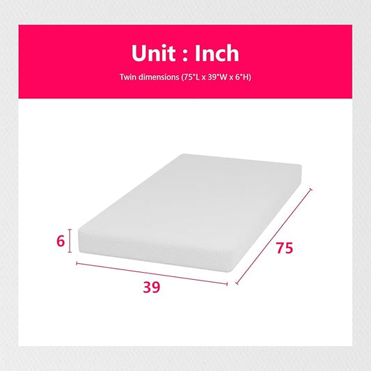 PayLessHere Twin Size Mattress,6 Inch Gel Memory Foam Mattress in a Box,Medium-Firm,Pressure Relief&Temperature Regulation,CertiPUR-US Certified,Fiberglass Free,White