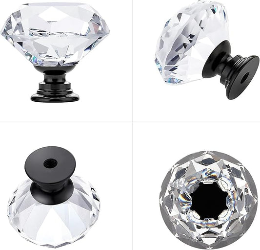 Ravinte 3 Pack Crystal Drawer Knobs - Glass Cabinet Knobs, Diamond Shaped, 30 mm with Black Base