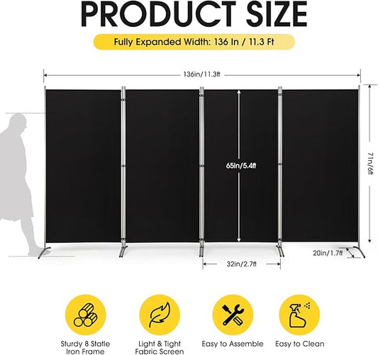 RANTILA 4 Panel Room Divider, 6 Ft Tall Folding Privacy Screen Room Dividers, Freestanding Room Partition Wall Dividers, 136''W x 20''D x 71''H, Black