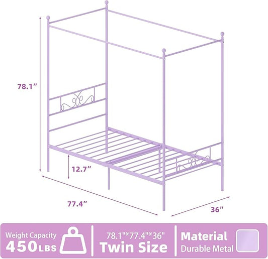 Weehom Twin Canopy Bed Frame with Headboard and Footboard, 4 Posters Metal Bed Frame, No Box Spring Needed, Mattress Foundation Platform Bed for Kids and Adults, Purple