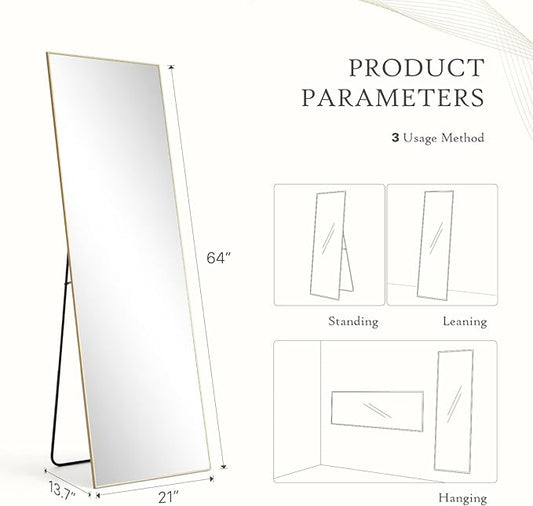 DUMOS Wall-Mounted Full Length Mirror 21"x 65" for Bedroom, Full Body Floor Mirror with Stand, Hanging or Leaning for Wall, Gold