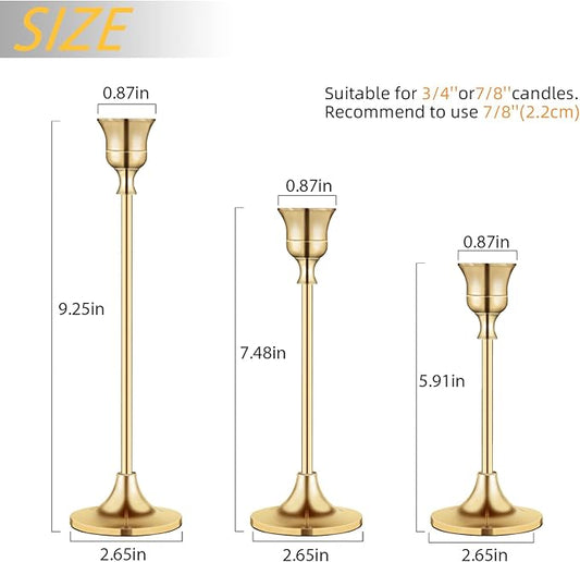 Vintage Gold Brass Taper Candle Holders for Candlesticks, Fireplace & Party - Set of 3