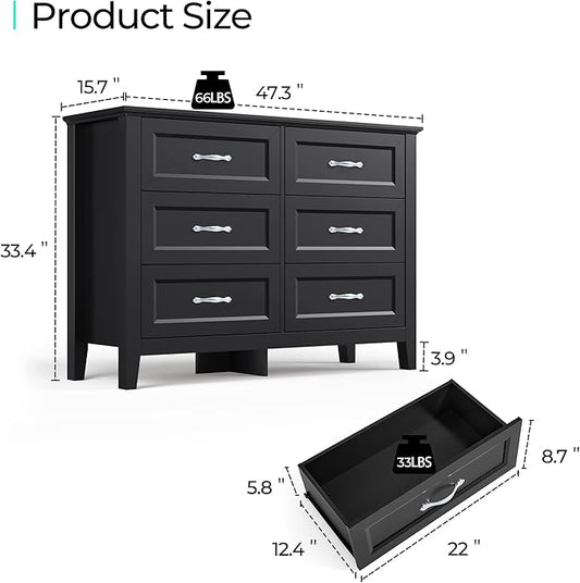 LINSY HOME Farmhouse 6 Drawers Dresser Chests for Bedroom, Wood Dresser Wide Chest of Drawers, Storage Dressers Organizer for Bedroom, Living Room,Hallway, SGS Certified