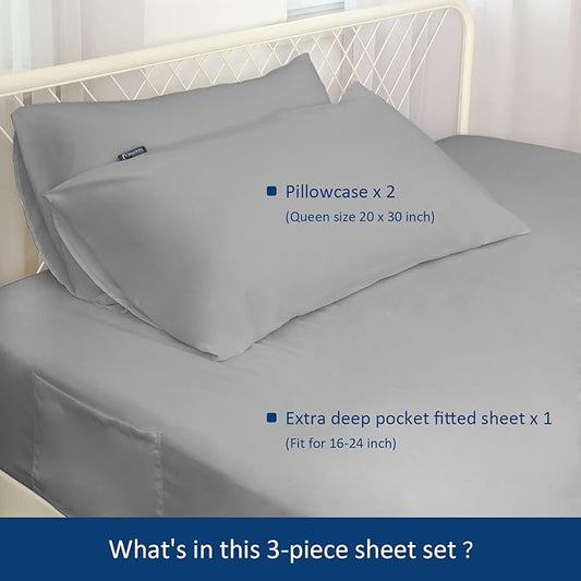 Deep Pocket Twin Sheets Set for Kids Air Mattress - Extra Deep Pocket Twin Sheet Sets - 3Pcs Side Storage Pocket Fitted Sheet & Pillowcases Easily Fits 16in to 24in Pillow Top Bed Mattress(Grey)