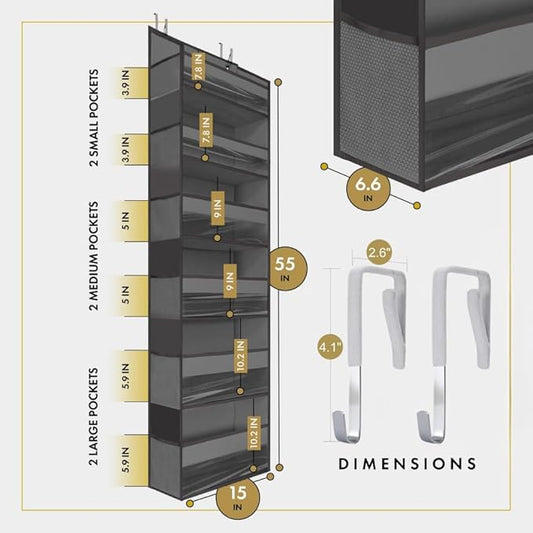 HOMELUX THEORY 1PC Heavy Duty Over the Door Organizer 55x14x6.7, 6 Large Front & 12 Side Pockets, Hanging Storage Closet Door Organizer for Bedroom, Bathroom and Baby Nursery Storage (Dark Gray)