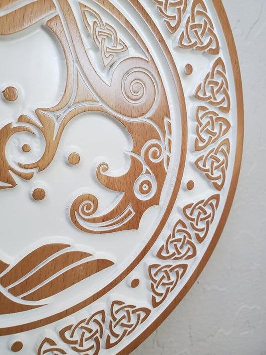 Wood Carved Viking Shield Wall Art Wall Hanging, Viking Wall Art, Scandinavian Decor Wall Art for Gift, Wall Hangings for Home Office Living Room Farmhouse 24" (White Glaze)
