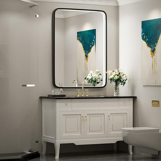 32X24 Inch LED Bathroom Mirror with Light, Black Metal Frame Mirror, Wall Mounted Lighted Vanity Mirrors for Wall, Anti Fog Dimmable Led Mirror for Makeup