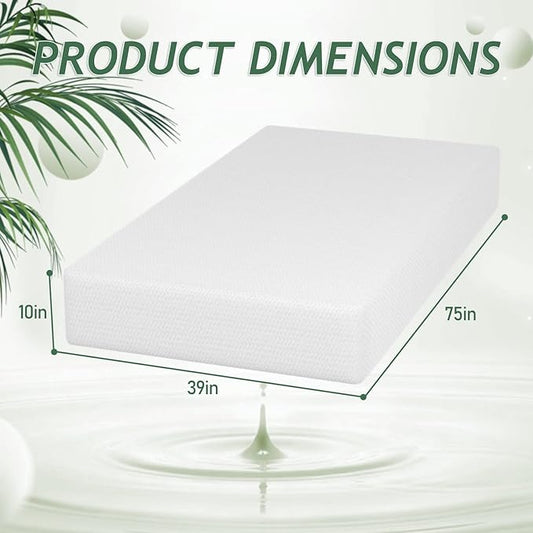 PayLessHere 10 Inch Twin Mattress Green Tea Memory Foam Mattress CertiPUR-US Certified,Medium-firm mattress,Removable Soft Cover,Fiberglass Free,Twin mattresses for Bed Frame, Bunk Bed, Trundle, White