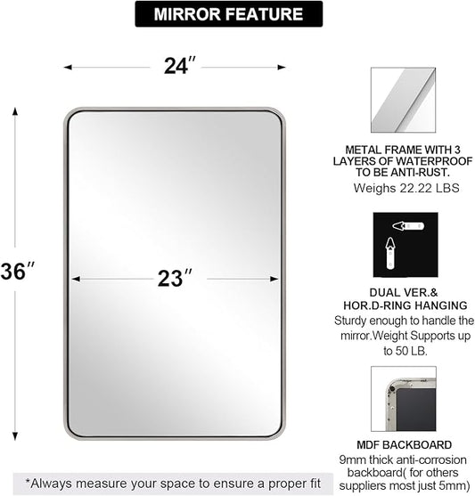 ANDY STAR Chrome Mirrors for Bathroom, 24x36’’ Rounded Rectangle Mirror, Chrome Bathroom Vanity Mirror, SUS304-Anti-Rust, Wall-Mounted Horizontal/Vertical 1’’ Deep