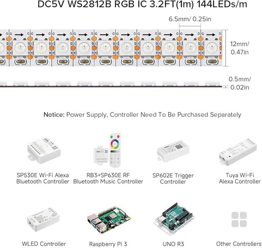 BTF-LIGHTING WS2812B RGB ECO LED Strip, Chasing Effects 5050SMD Individually Addressable 3.3FT 144(2X72) Pixels/m Flexible Dream Color IP30 for Bedroom DIY Projects DC5V(No Adapter or Controller)