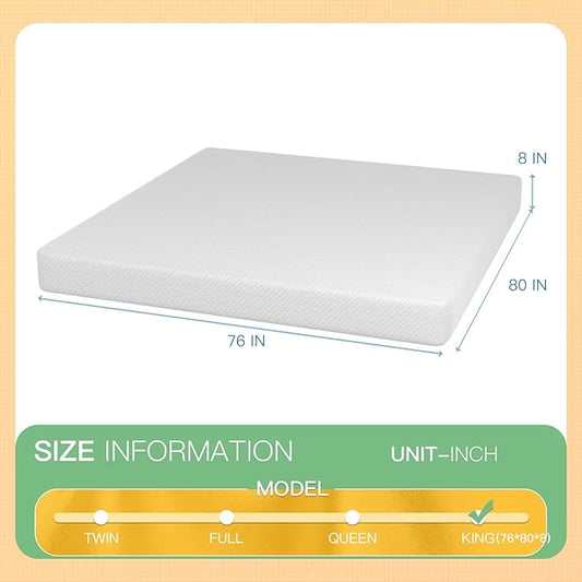 PayLessHere 8 inch Memory Foam Mattress Cooling Gel Green Tea Infused Mattress,CertiPUR-US Certified,Breathable Bed Mattress for Cooler Sleep Supportive & Pressure Relief,White King