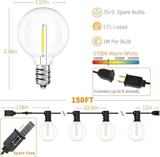 Svater Outdoor String Lights 150 FT, Patio Light with 78 Shatterproof LED Bulbs, Outside Plastic Hanging G40 Globe Lights for Cafe Market Bistro Backyard, Dimmable Warm White 2700K