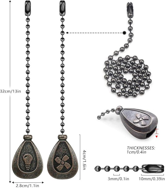 Bronze Ceiling Fan Pull Chain Set, Decorative Pull Chain Pendant Extension, 12 Inches Lighting & Fan Beaded Ball Fan Pull Chain Extender with Connector (2 Pack)