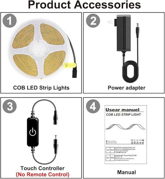 COB LED Strip,LED Strip Lights 3M/9.84ft,Touch Dimmable LED Strips,CRI90+,2700K Warm White cob led,960LEDs,24V LED Tape Lights,Indoor for Bedroom, Kitchen, TV, Mirror,Cabinet