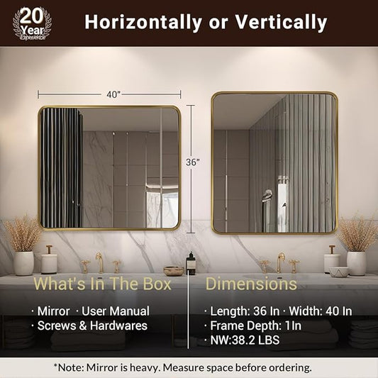 ANDY STAR 40x36 Inch Gold Bathroom Mirror, Brushed Gold Mirrors for Wall in Anti-Rust SUS304 Tube Metal Frame, Rounded Rectangle Mirrors 1’’ Deep Wall Mounted Vertically/Horizontal for Bathroom