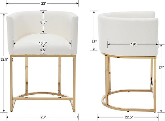 Modern Counter Height PU Leather Upholstered Bar Stools Set of 4, 24" Kitchen Counter Island Stools Bar Chairs with Gold Metal Frame, White