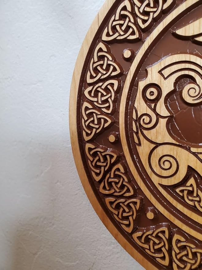 Wood Viking Shield Wall Hanging, Viking Wall Art, Scandinavian Decor Wall Art for Gift, Wall Hangings for Home Office Living Room Farmhouse 24" (Brown Glaze)