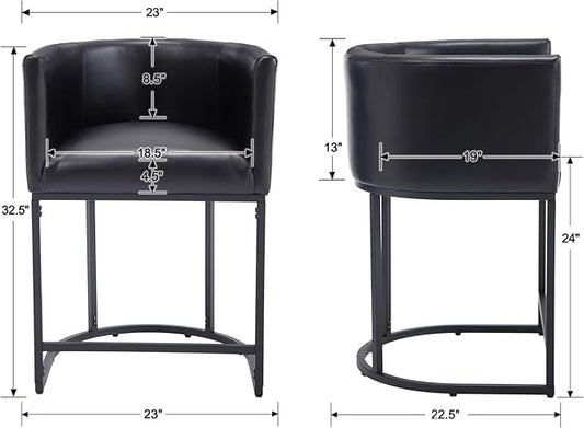 Modern Counter Height PU Leather Upholstered Bar Stools Set of 2, 24" Kitchen Counter Island Stools Bar Chairs with Black Metal Frame, Black