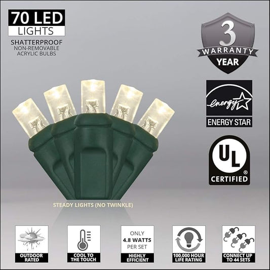 5mm LED Wide Angle Warm White Prelamped Light Set, Green Wire - 70 5mm Warm White LED Christmas Lights, 4" Spacing