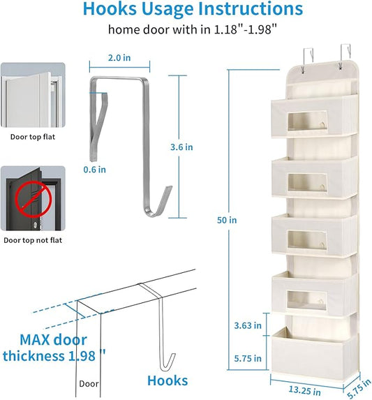 5-Shelf Over The Door Hanging Organizer with 2 Metal Hooks,5 Pocket Over The Door Wall Mount Storage with Clear Windows for Baby Nursery Bathroom Closet,Bedroom,Dorm(Beige-2 Pack)