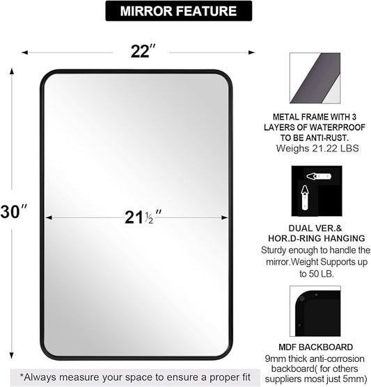 ANDY STAR Black Bathroom Mirrors for Wall, 22X30 Inch Rounded Rectangle Mirror, Matte Black Bathroom Vanity Mirror, Tube Metal Framed Wall-Mounted Mirror Horizontally or Vertically