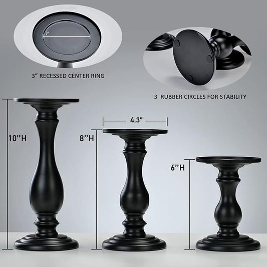 Matte Black Pillar Candle Holders Set of 3-10", 8", 6”H Candlestick Candle Holders Stand, Home Coffee Table Decor Decorations Centerpiece for Dining/Living Room