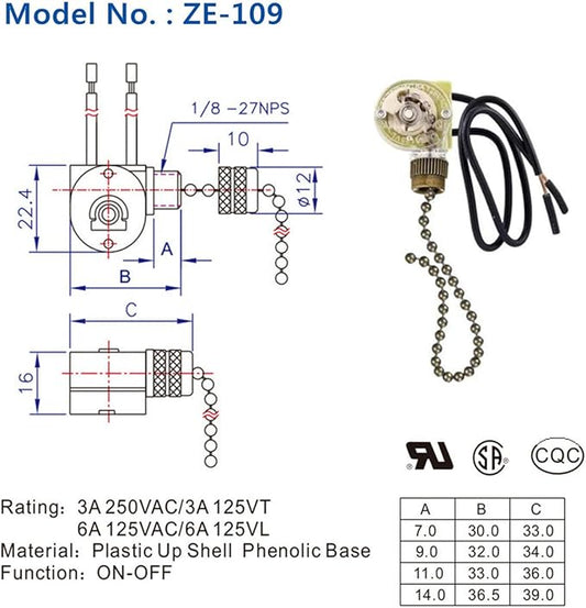Pull Chain Switch Zing Ear ZE-109 Ceiling Fan Switch Ceiling Fan Light Lamp Replacement 2 Pack Bronze