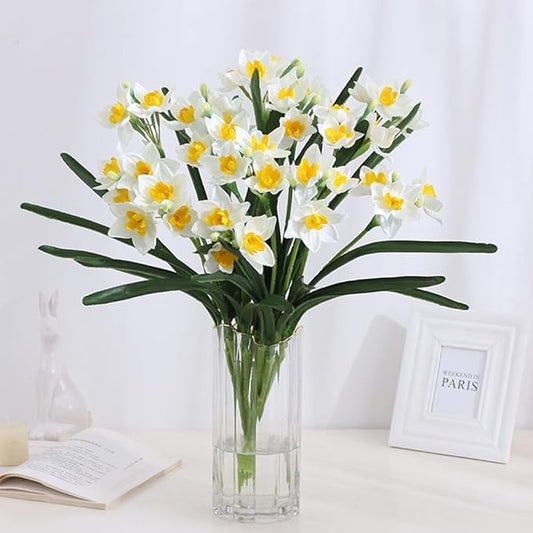 Artificial Flowers for Vases 17.7 Inch 10 Stems, Silk Dried Fake Mums Bouquet Indoor Faux Floral Arrangements for Decoration (White Narcissus)