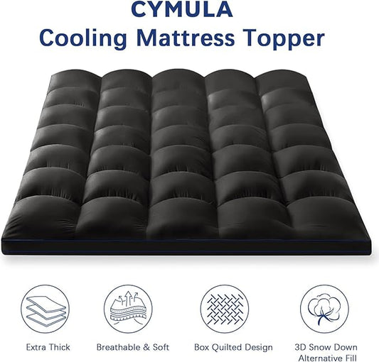 Mattress Topper Twin XL College Dorm, Bed Topper Twin XL Cooling Mattress Pad Cover for College, Black Pillow Top Mattress Topper with Deep Pockets, Breathable Fluffy Fill Mattress Protector