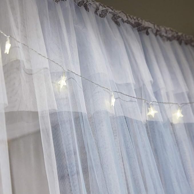 Joyreap Luxury 4 Corners Post Canopy Bed Curtains - Grey & White Cozy Drape Netting - Cute Princess Style Bedroom Decoration Accessories (59" W x 78" L, Full/Queen)
