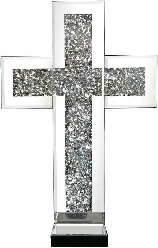 Crystal Crush Diamond Mirrored Candle Sconces, Silver Wall Candle Holder Set of 2, Wall Decoration for Living Room,Dining Room (Silver Cross)