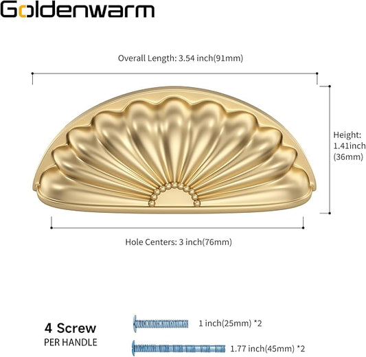 goldenwarm 6 Pack Gold Cabinet Handles Drawer Pulls Finger Edge Pull for Half Moon Cup Luxury Hardware 3" Hole Center Brushed Brass Knobs