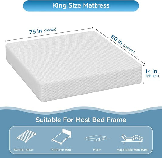 PayLessHere 14 Inch King Mattress Base Foam Mattress,Removable Soft Cover,Bunk Bed, Trundle, Daybed,White,Fiberglass Free