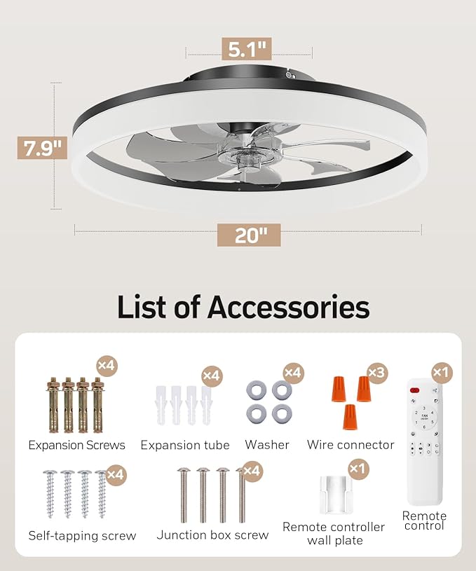 Smart Ceiling Fans with Light and Remote,20'' Low Profile Ceiling Fan with 6-Speed & Dimmable LED, Alexa/APP Home Voice Control, App, Reversible Airflow, App Timer, for Beedroom(Black)