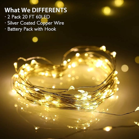 Homemory 2 Pack Each 20 Ft 60 LED Short Fairy Lights Battery Operated Christmas String Lights with Remote, Waterproof 8 Modes Firefly Twinkle Lights for Christmas Tree, Wreath Decor