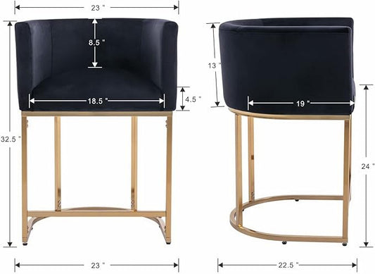 Modern Counter Height Velvet Upholstered Bar Stools Set of 3, 24" Kitchen Counter Island Stools Bar Chairs with Gold Metal Frame for Kitchen Island, Black