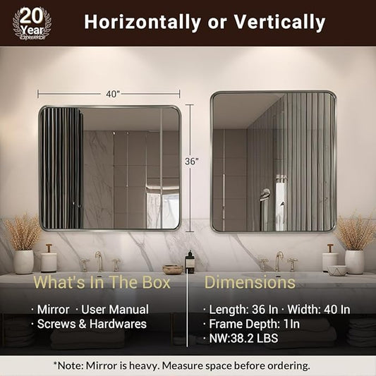 ANDY STAR 40x36 Inch Brushed Nickel Bathroom Mirror, Rounded Rectangle Bathroom Vanity Mirrors for Wall, Anti-Rust SUS304, Seamless Tube Metal Frame, 1’’ Deep Wall Mounted Vertically/Horizontal