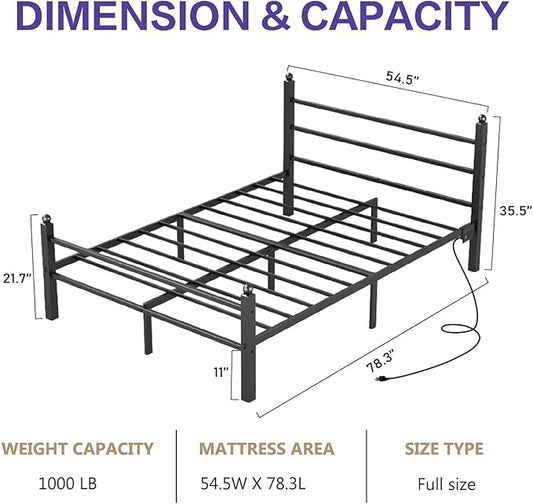 Full Bed Frame with Headboard and Footboard, Metal Bed Frame with Charging Station and LED Lights, Under Bed Storage, No Box Spring Needed,Noise Free, Black
