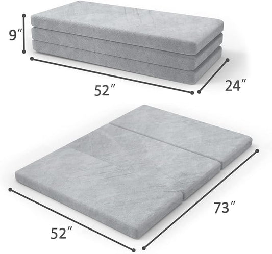 SINWEEK Tri Folding Mattress with Storage Bag - Foldable Mattress Foam Topper Floor Cot, Guest Bed with Machine Washable Cover and Waterproof Lining, CertiPUR-US Certified 52 x 73 x 3Inch