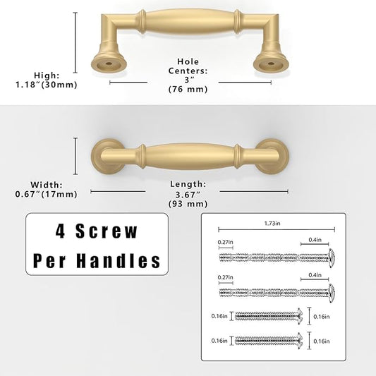 10 Pack Brushed Gold Cabinet Pulls 3 Inch(76mm) Kitchen Cabinet Handles Solid Zinc Alloy Cabinet Hardware Drawer Pulls