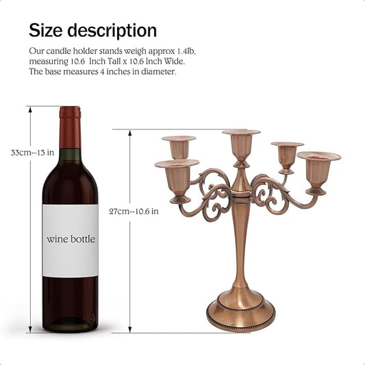 Copper Candle Holder,5 Wick Metal Candle Holders for Taper Candles(10.6 inch Tall Candelabra, for 1/2-1 inch Pillar Candles Diameter Each),Centerpiece Elegant Decoration Piece for Table