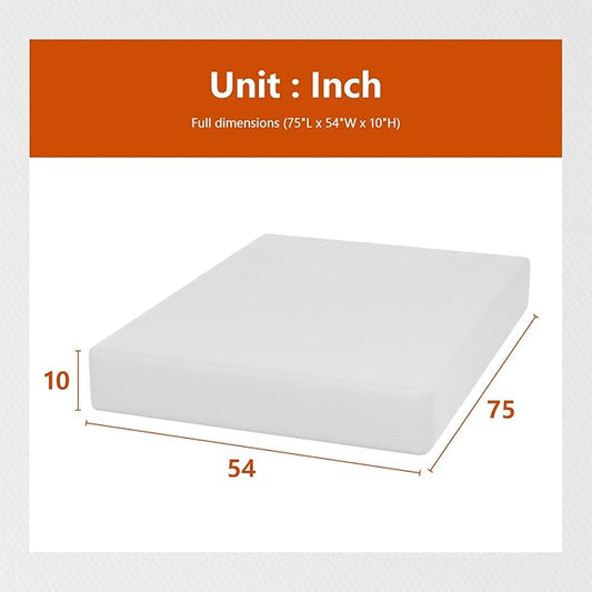 PayLessHere 10 Inch Full Mattress Gel Memory Foam Mattress CertiPUR-US Certified,Removable Soft Cover,Full mattresses for Bed Frame, Bunk Bed, Trundle, Daybed,White,Fiberglass Free